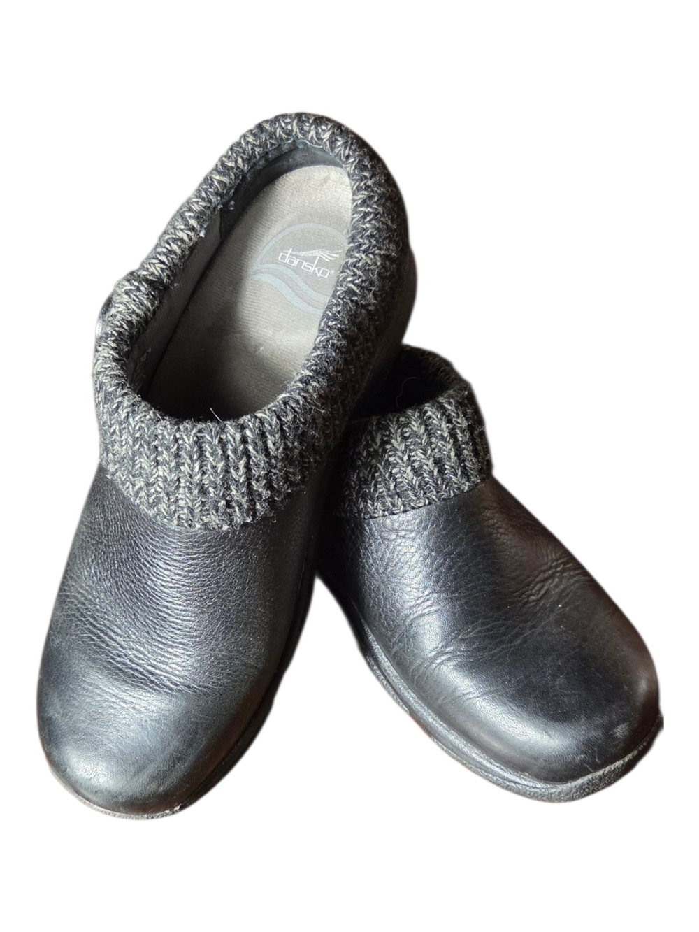 Dansko Black Leather Clogs with Gray Knit Collar - Women